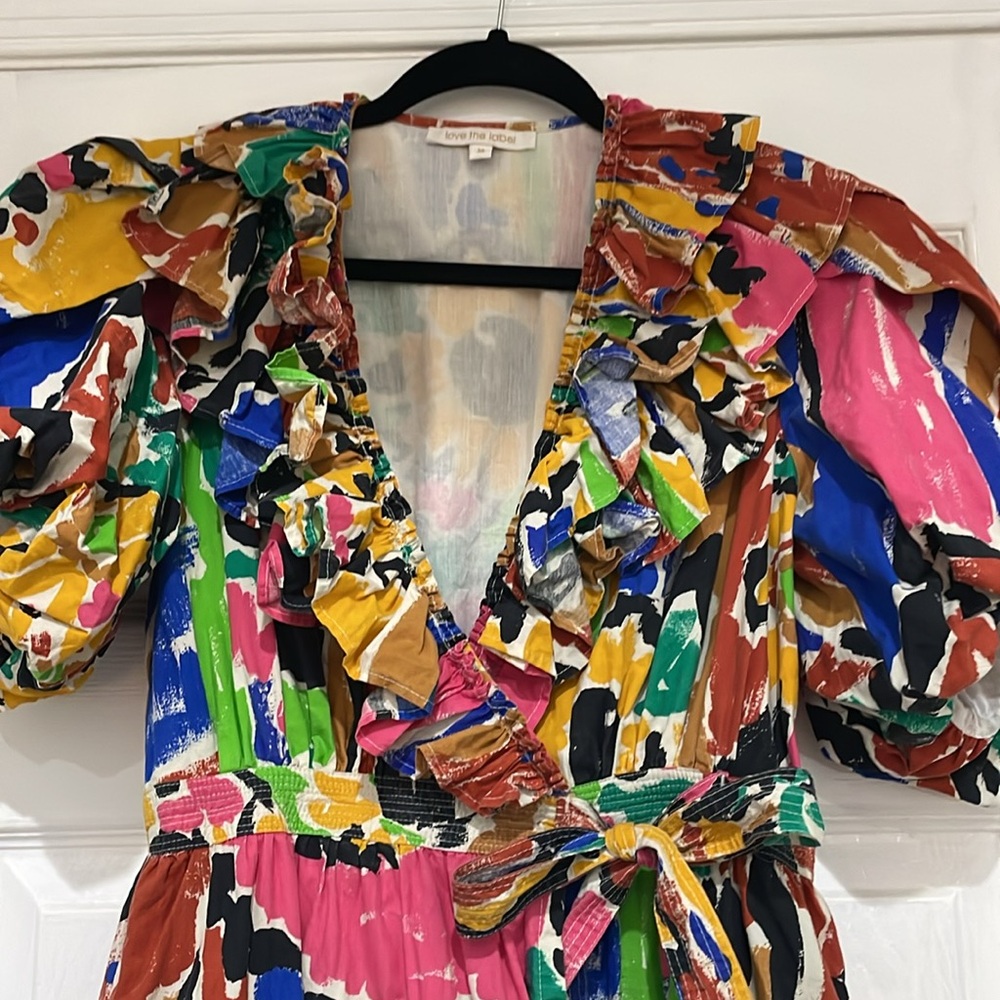 Colorful Abstract Print Mini Dress with Ruffle V-Neck - Picture 3 of 4